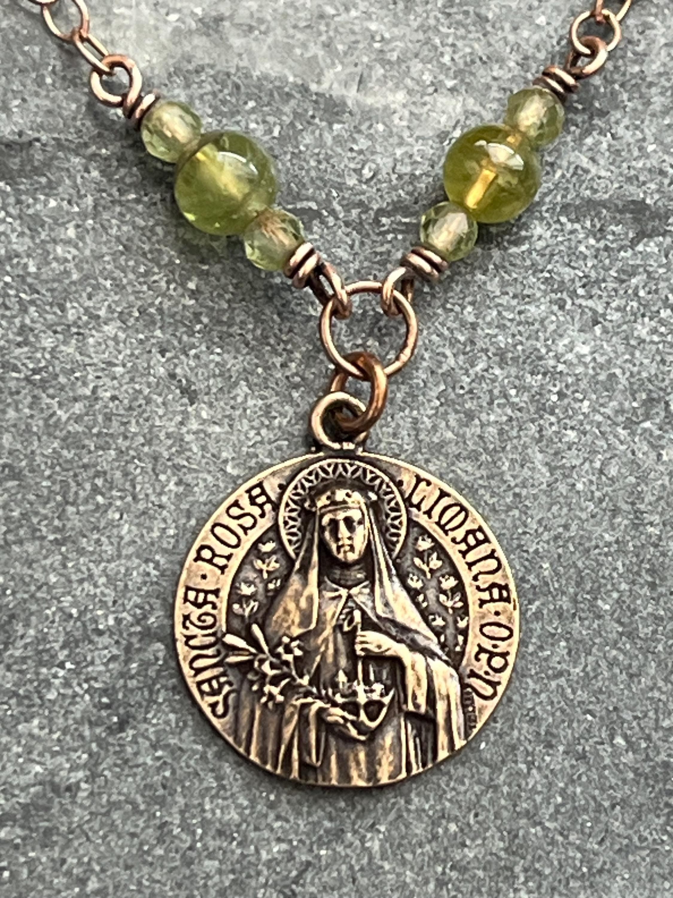 Saint Rose of Lima Necklace - Catholic August Birthday - Solid Bronze - Peridot