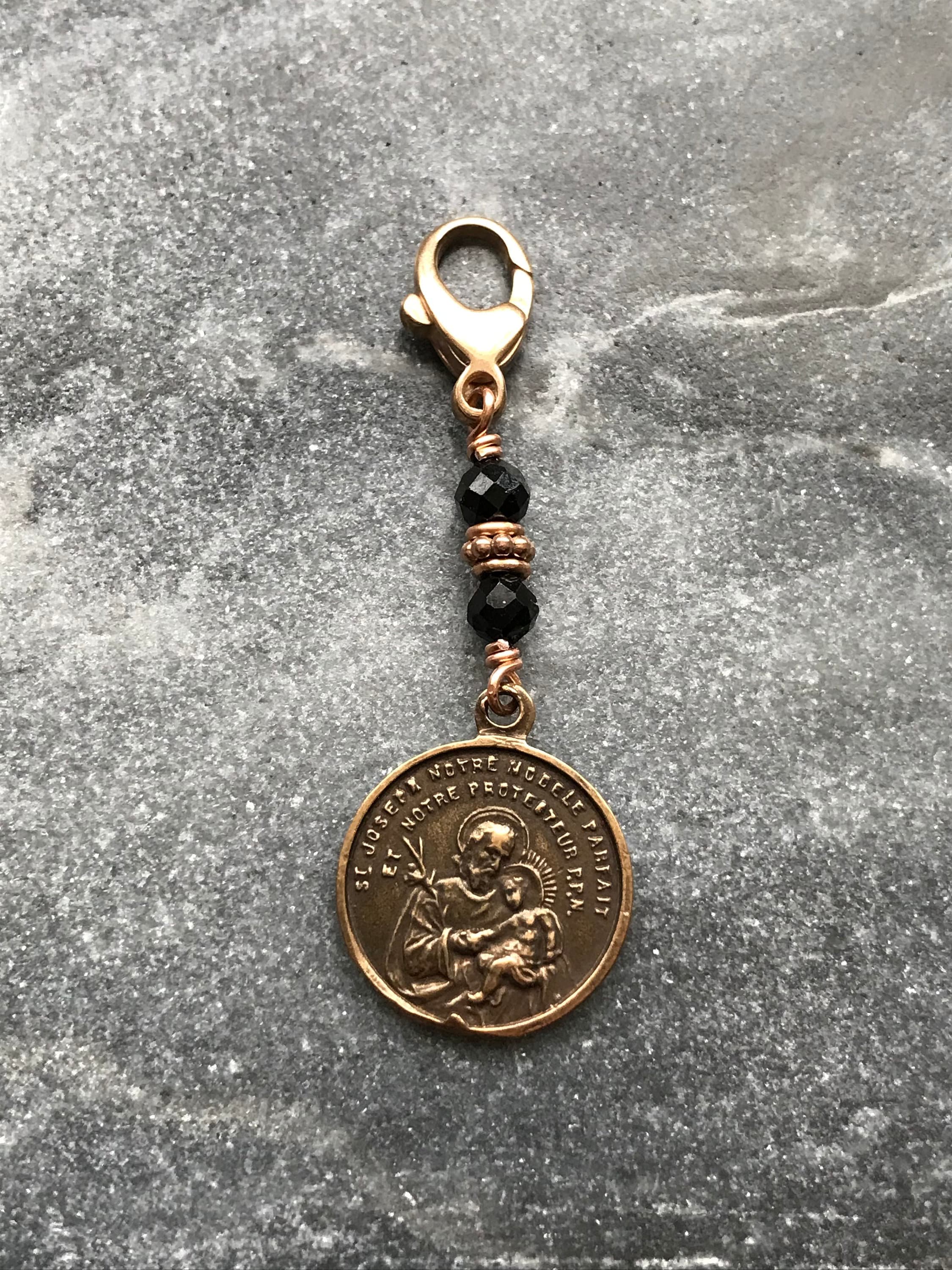 Bag Charm - Catholic - Saint Joseph Zipper Pull - Bronze and black tourmaline